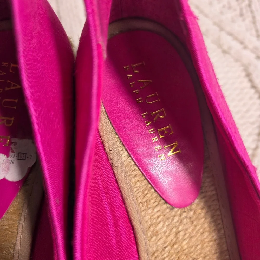 Ralph Lauren Cecilia Espadrille Wedge Heels Hot Pink Silk Peep Toe Womens 8.5B